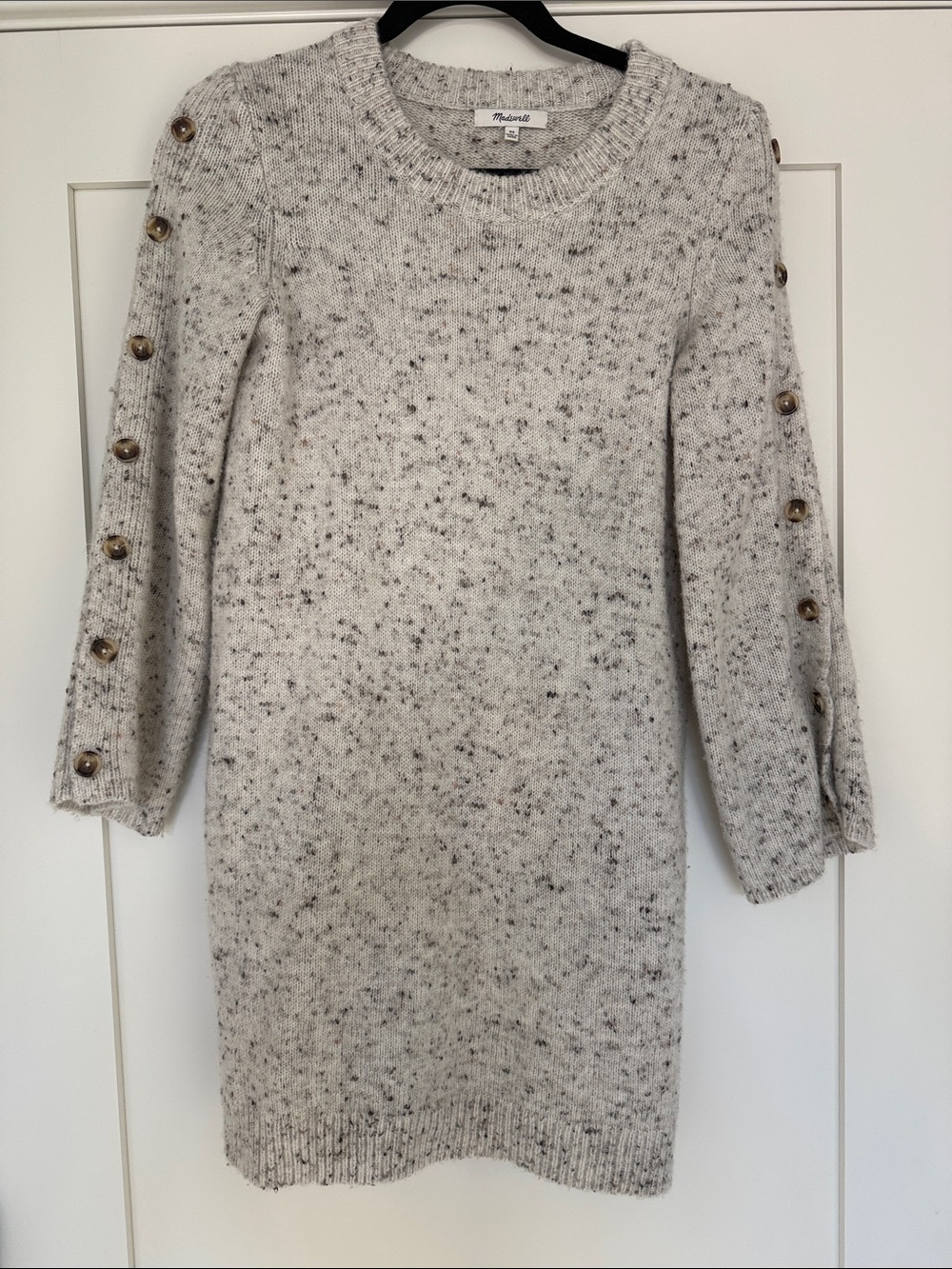 Madewell Ivory Speckled Long-Sleeve Knit Dress with Button-Shoulder Detail